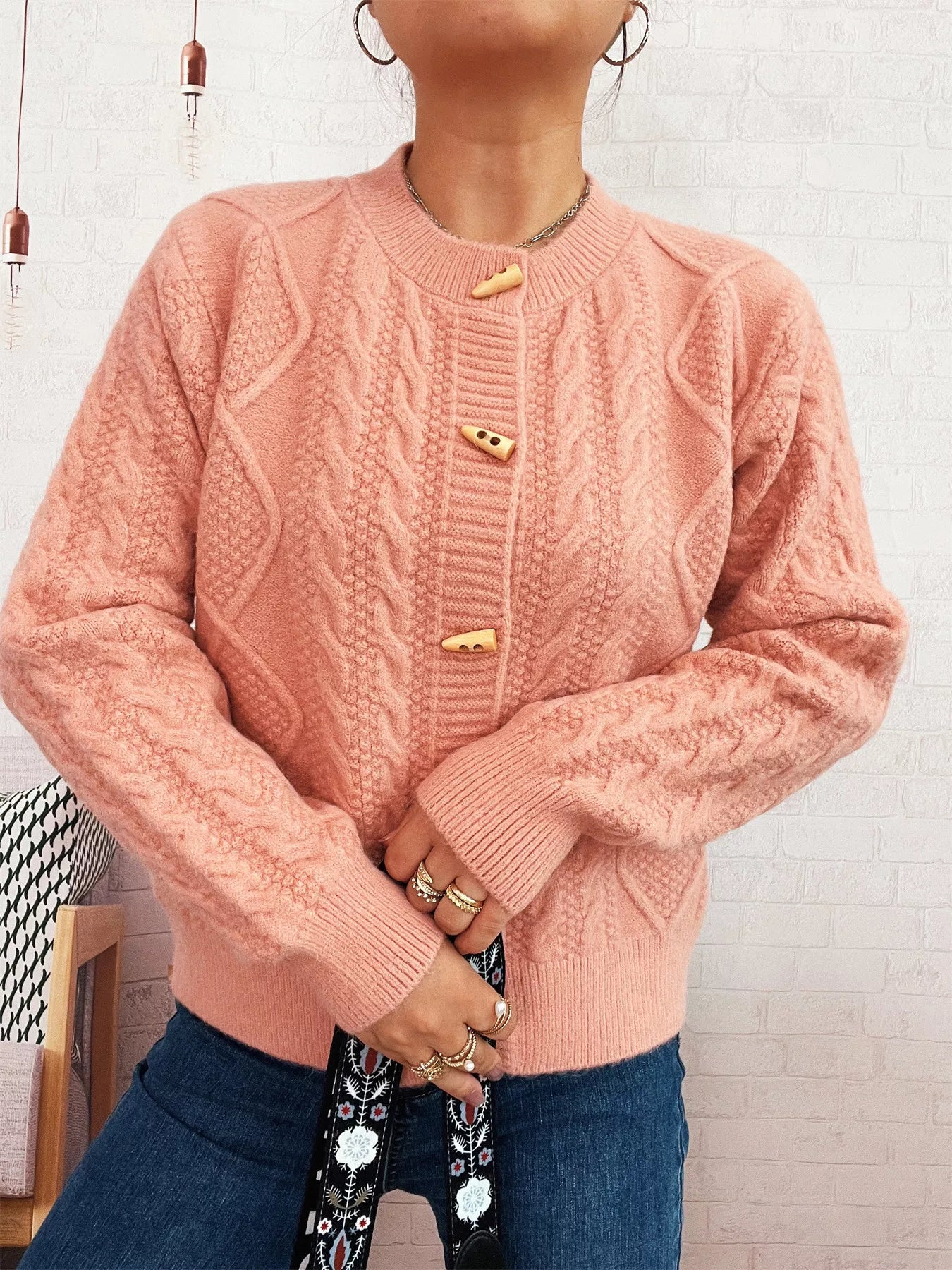 Cable Knit Button-Up Cardigan - Fashorio