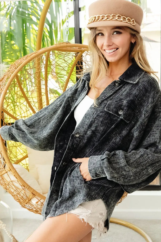 BiBi Vintage Washed Wrinkle Gauze Shacket BLACK CHARCOAL - Fashorio