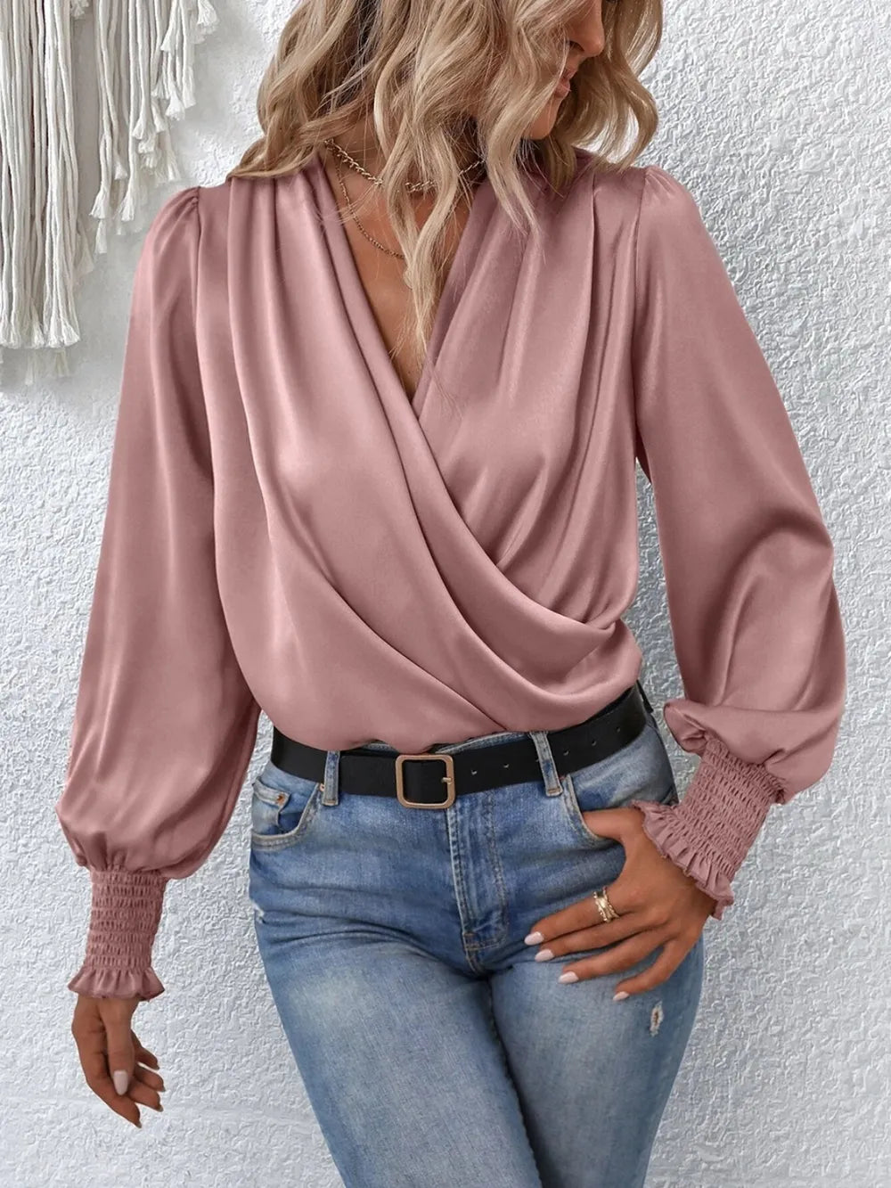 Surplice Smocked Lantern Sleeve Blouse - Fashorio