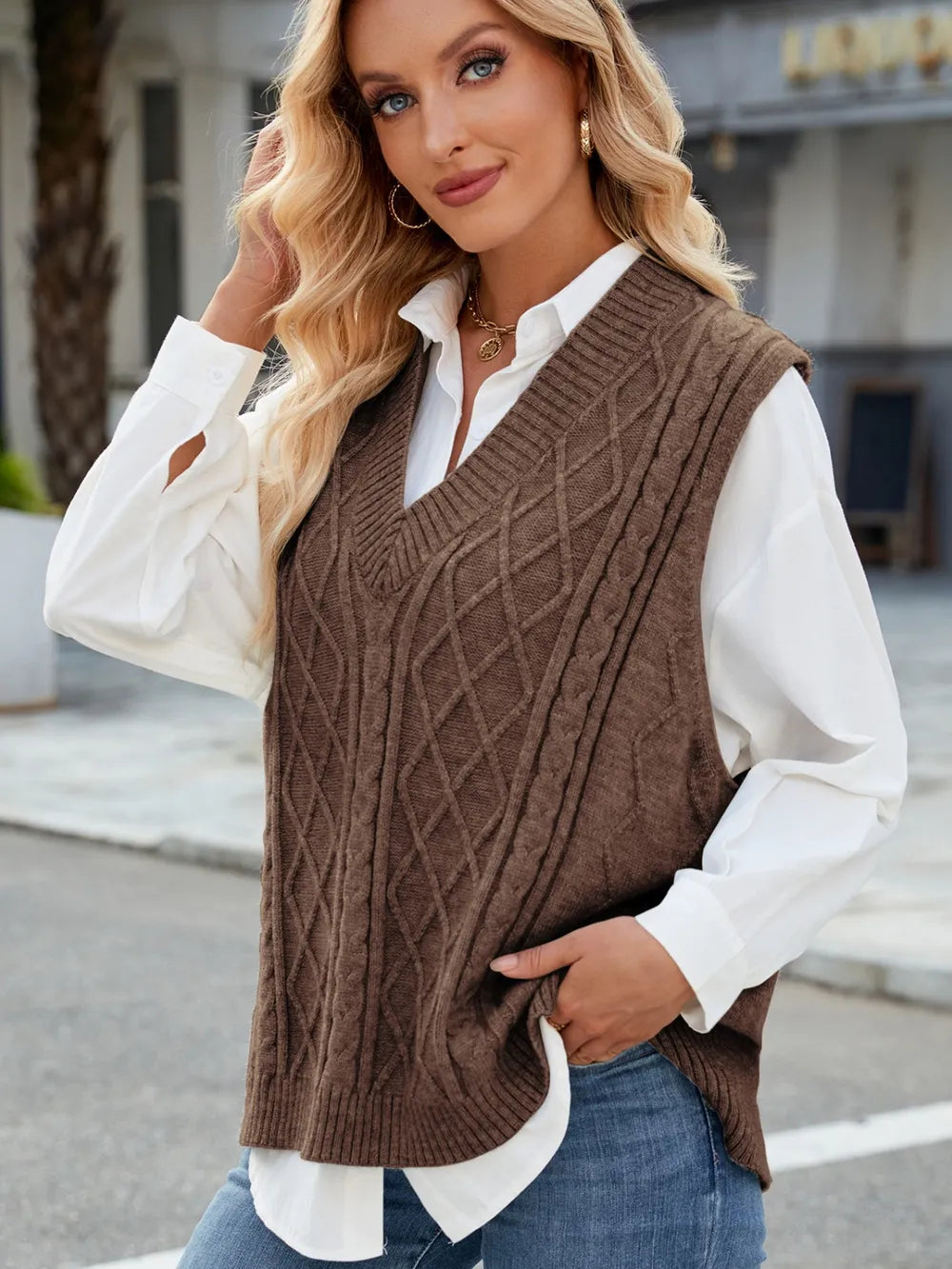 Cable Knit V Neck Sweater Vest in Gray view 9