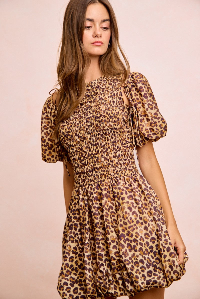 Leopard Bow Tie Attachable Puff Sleeves Dress view 12