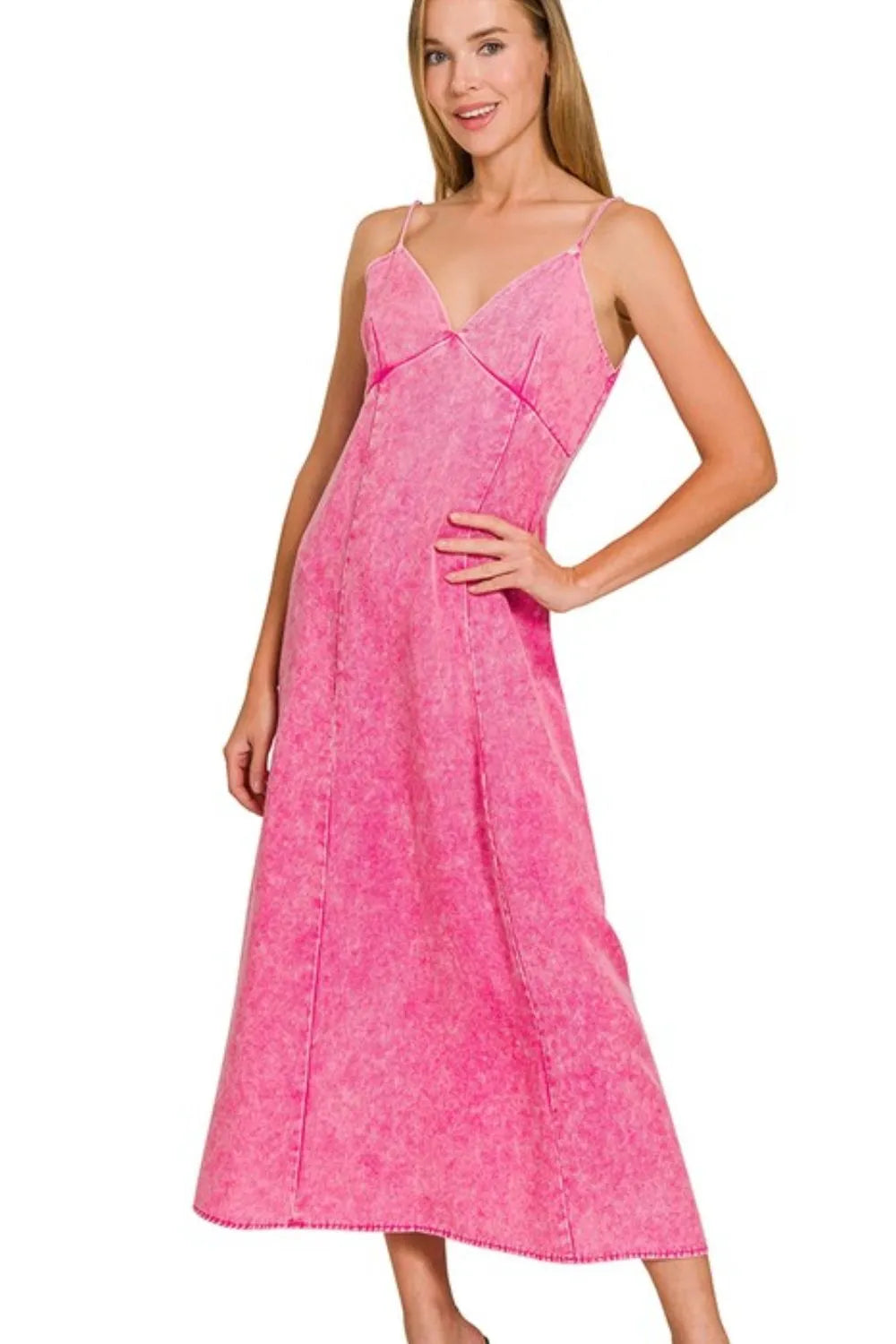 Mineral Wash Tencel Maxi Dress in Hot Pink
