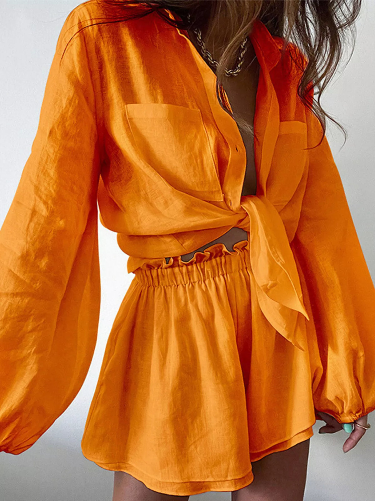 Button up long sleeve shirt and shorts two piece set front view