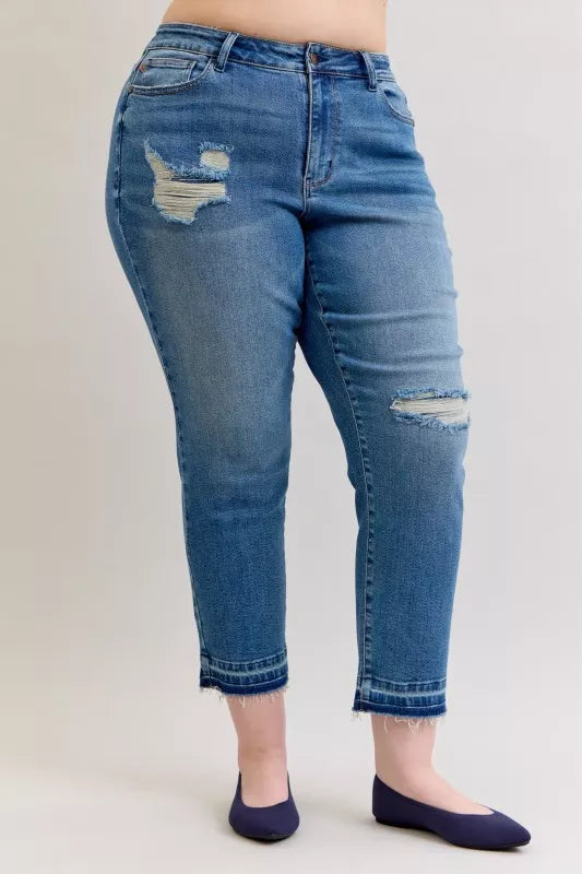 Judy Blue distressed jeans waistband close up