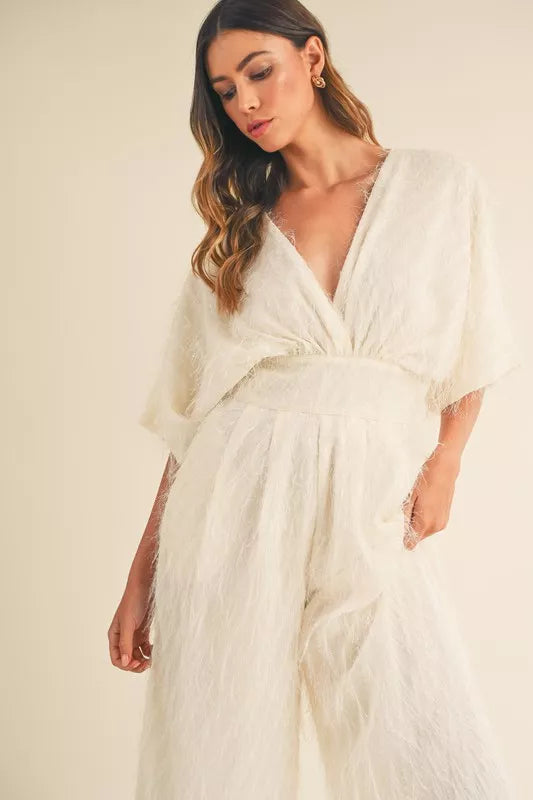 Fluffy Deep V Neck Wide Leg Jumpsuit on model