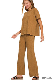 Zenana Slub Short Sleeve T-Shirt and Pants Set DEEP CAMEL - Fashorio