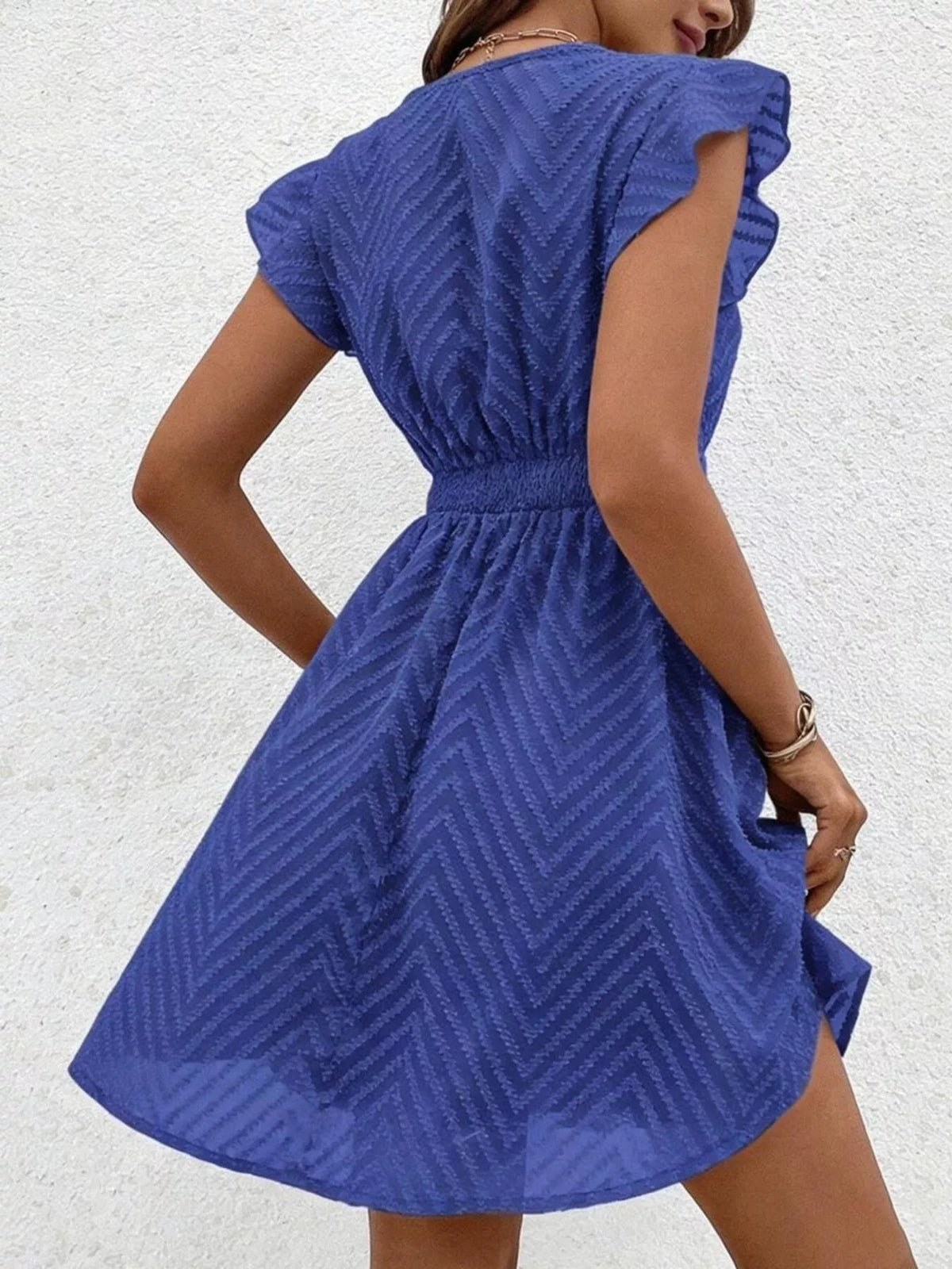 V neck ruffle sleeve mini dress, styled look
