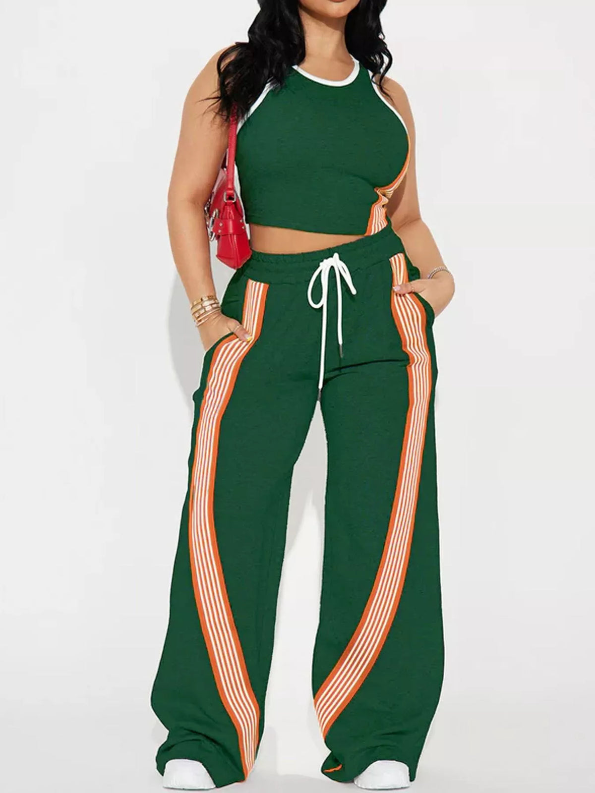 Green striped detail top and drawstring pants set front view