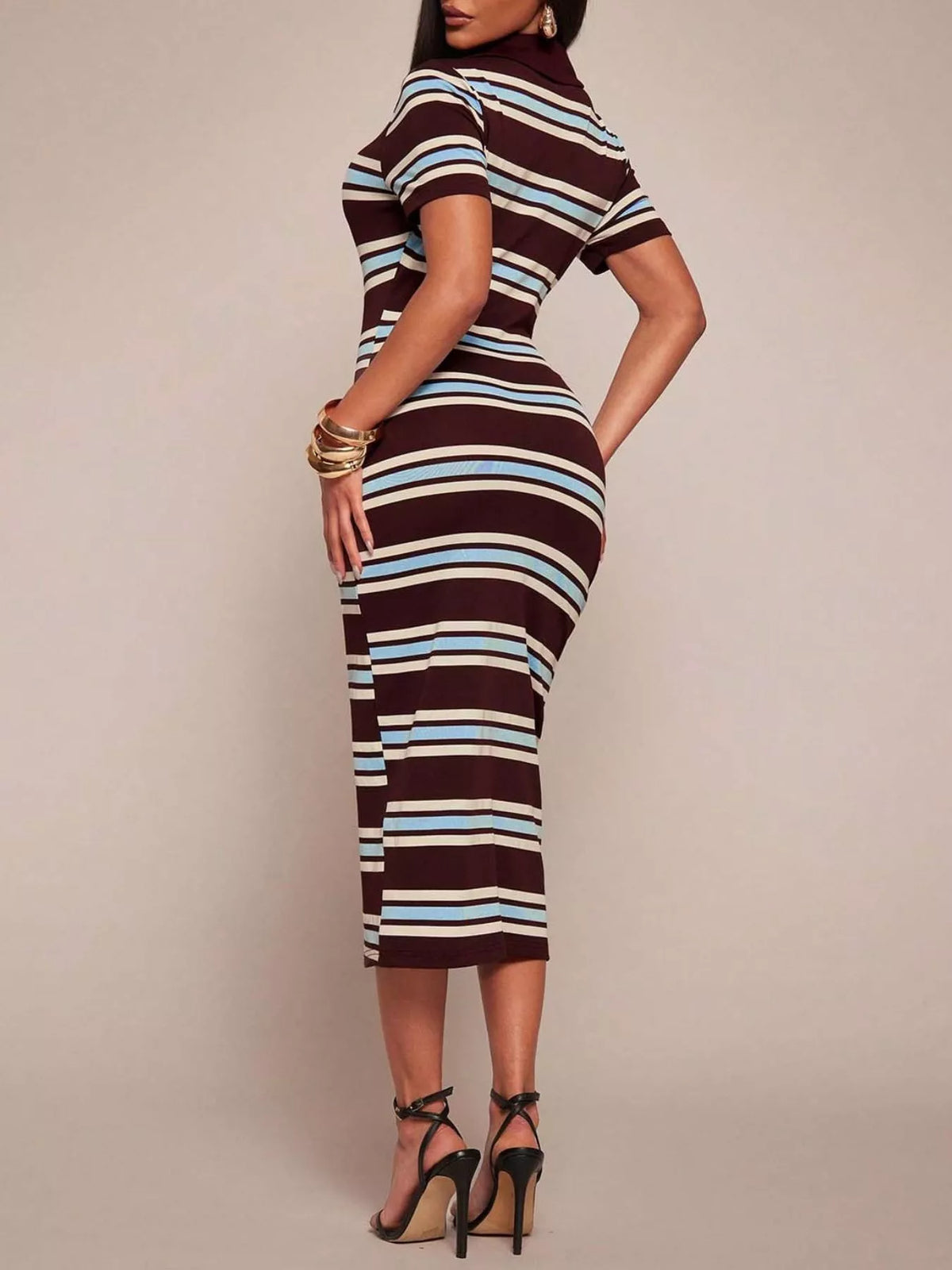 Striped polo collar midi dress front view