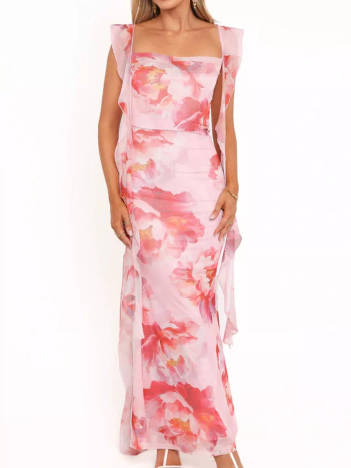 floral ruffle trim bodycon maxi dress neckline detail