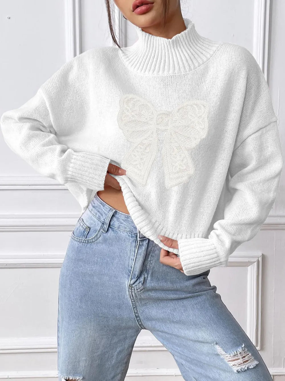 Bow turtleneck sweater styled winter look