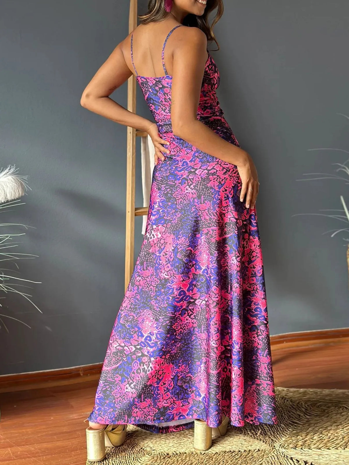 Tropical print v neck maxi dress, neckline and bodice detail