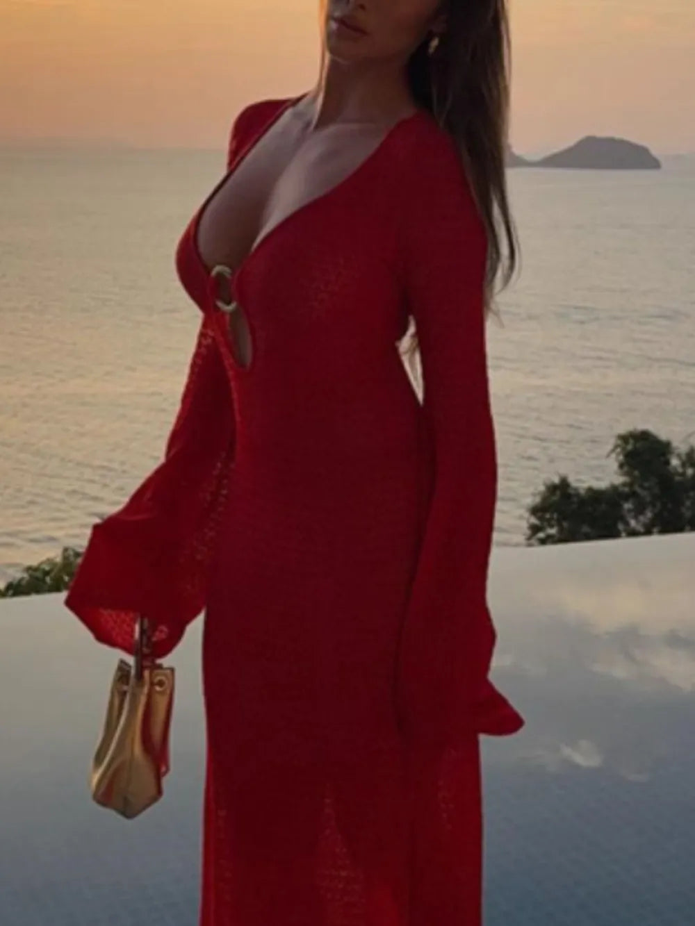 Plunge flare sleeve cover up dress detail