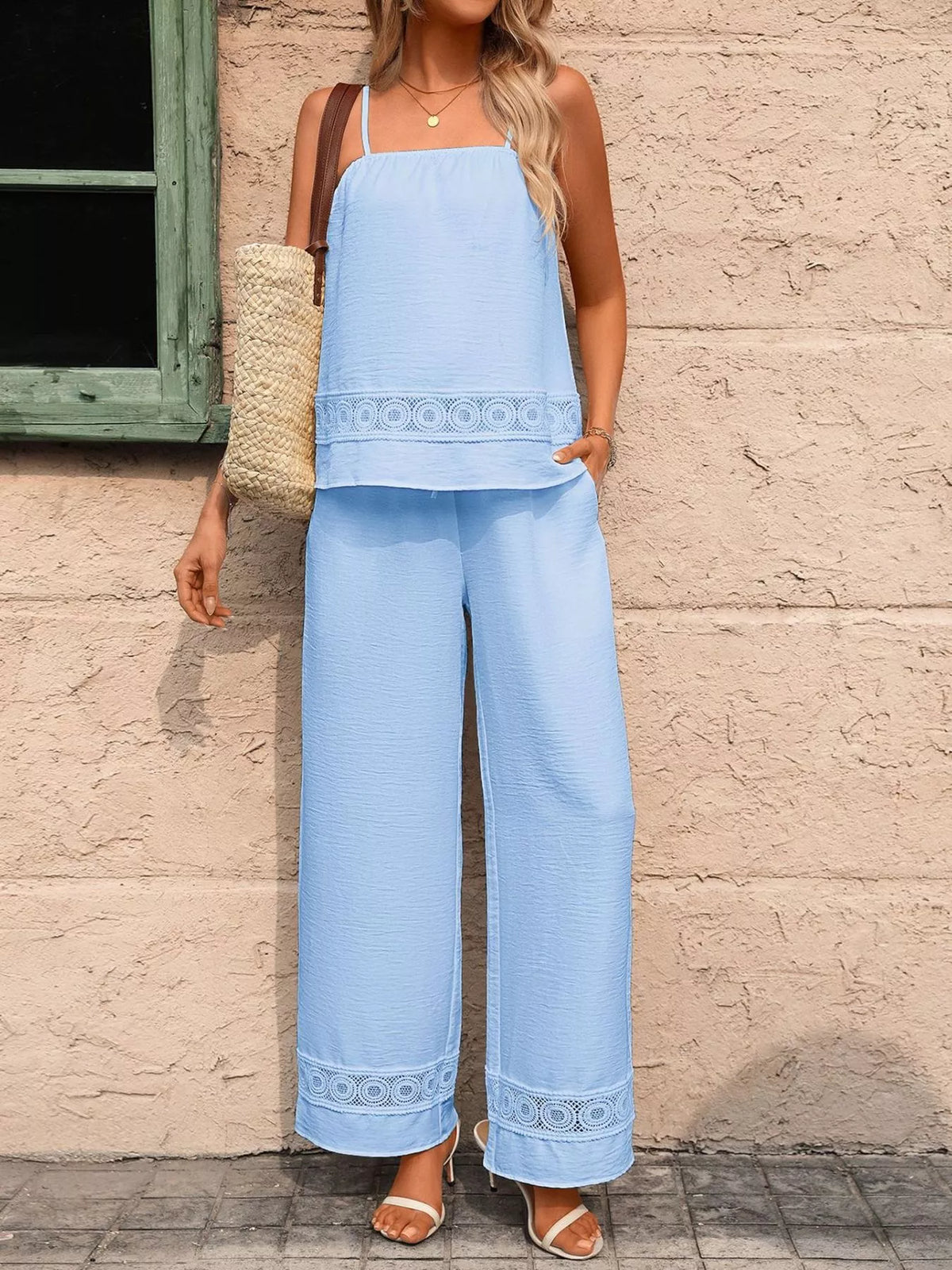 Lace Trim Cami and Wide Leg Pants Set, view 8
