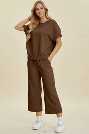 Double Take Full Size Texture Round Neck Top and Pants Set Brown - Fashorio