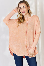 Zenana Oversized Washed Waffle Long Sleeve Top Light Orange - Fashorio