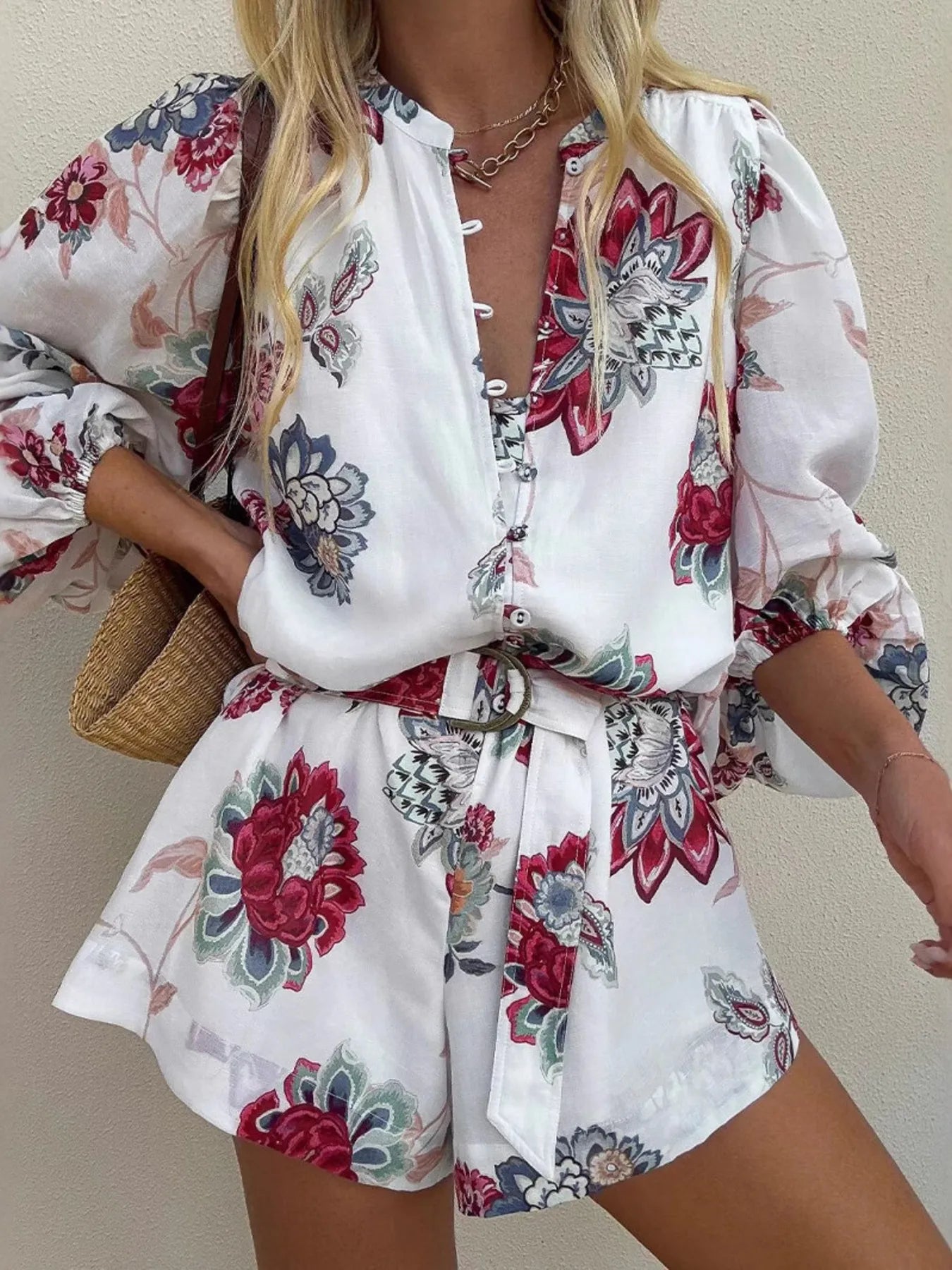 Floral Print Long Sleeve Romper White - Fashorio