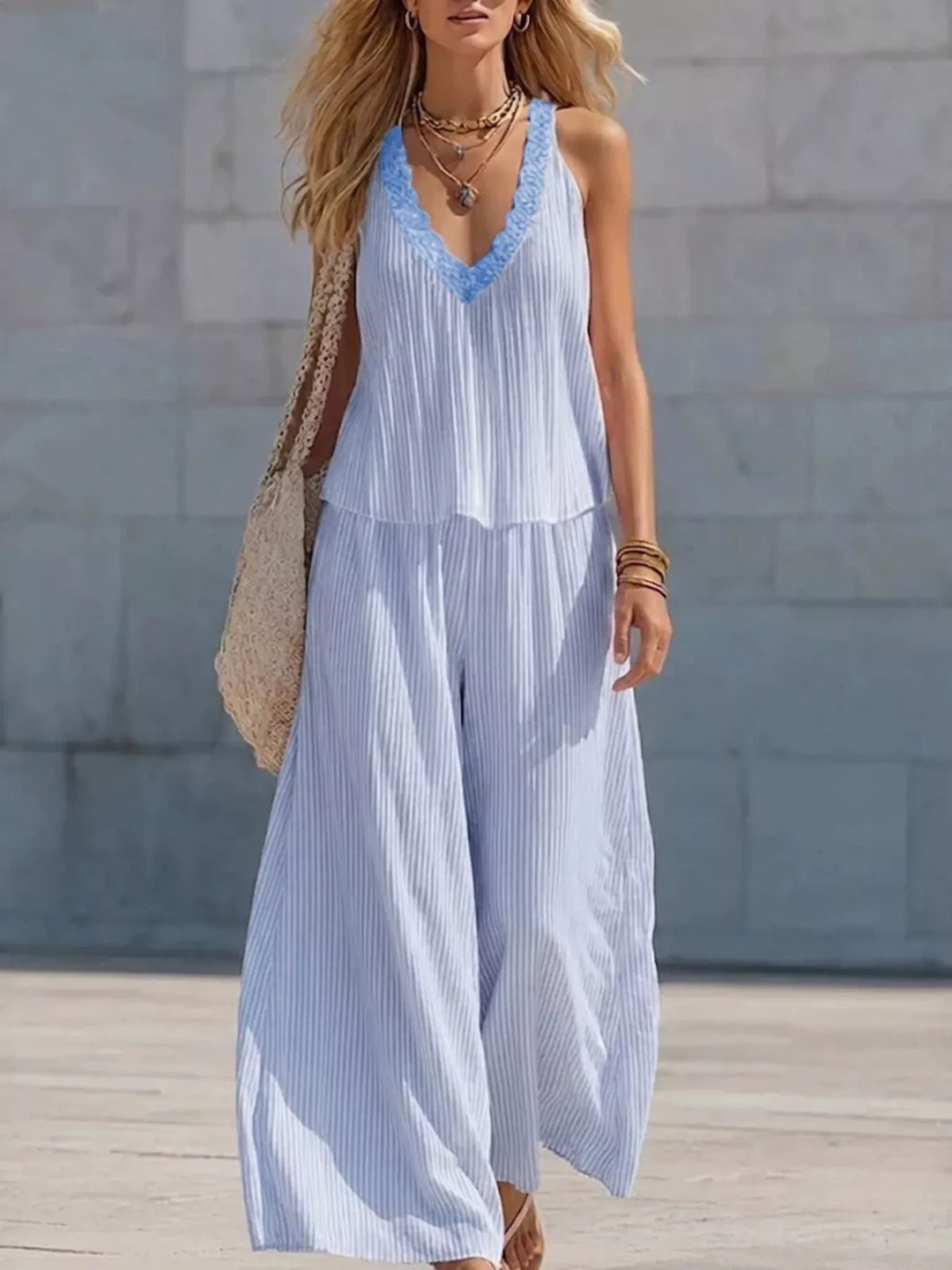 Striped v neck tank and wide leg pants set front