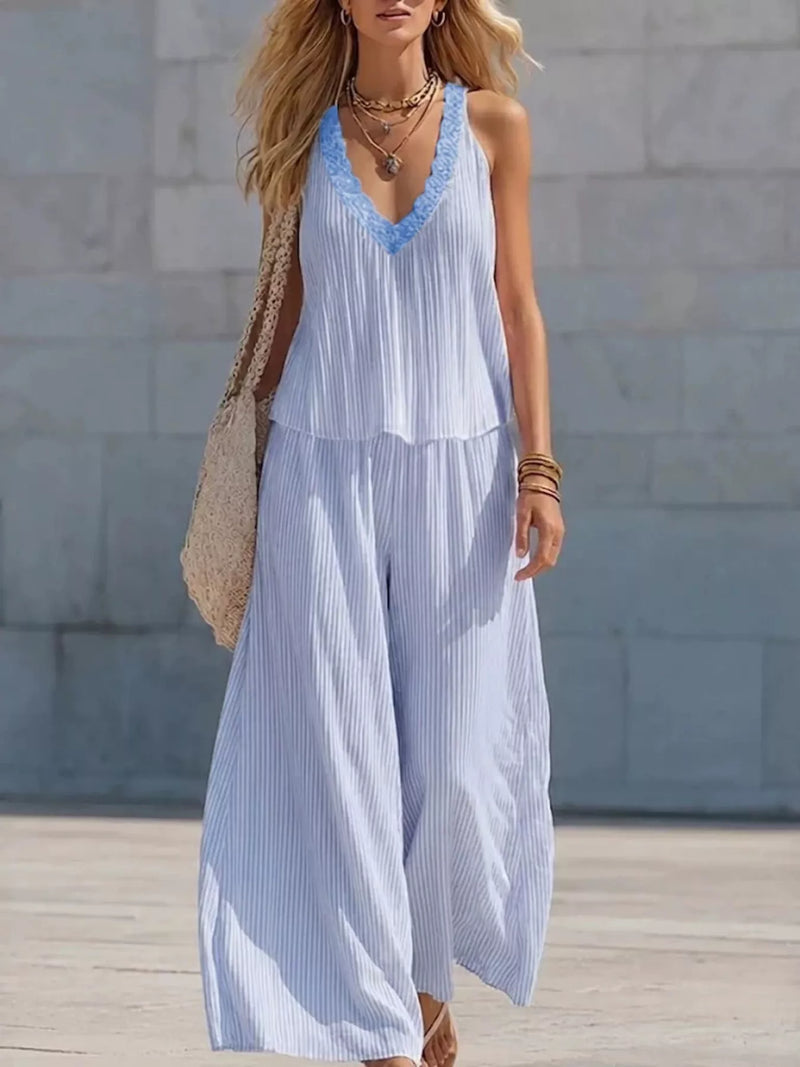 Striped v neck tank and wide leg pants set front