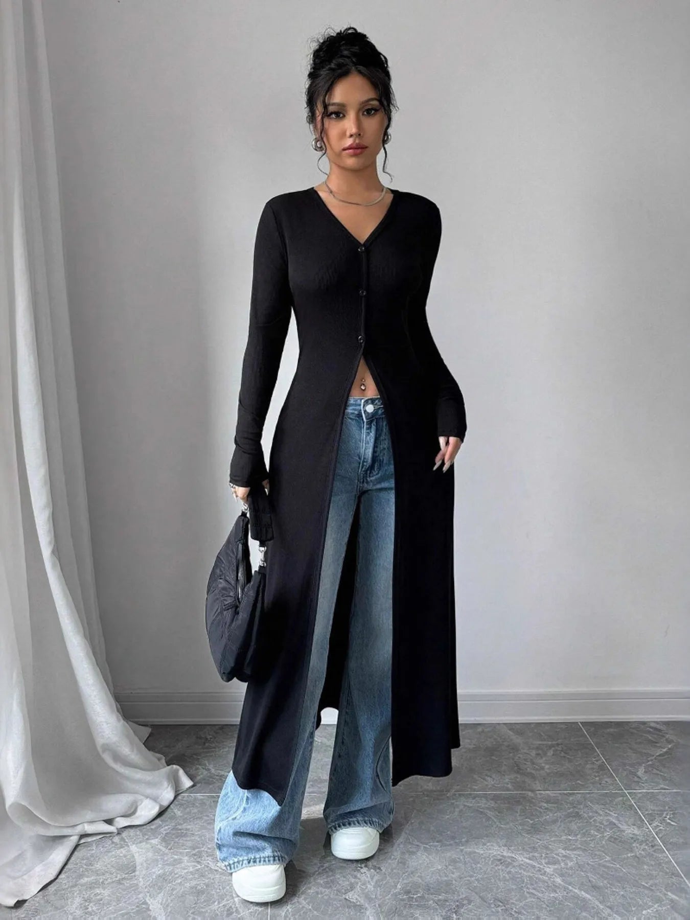 V-Neck Button-Front Longline Cardigan - Fashorio