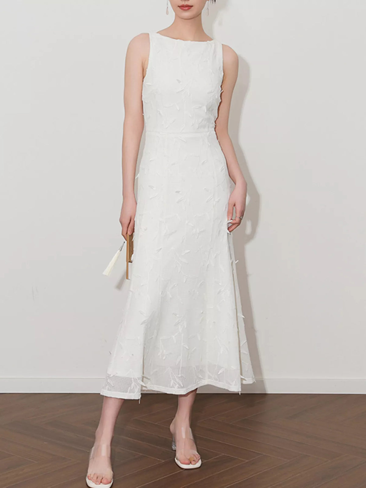 sleeveless floral applique off white midi dress detail view