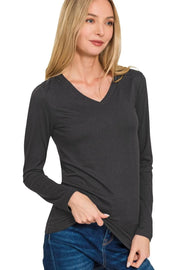 Zenana Brushed Microfiber Long Sleeve V-neck Tee Black - Fashorio
