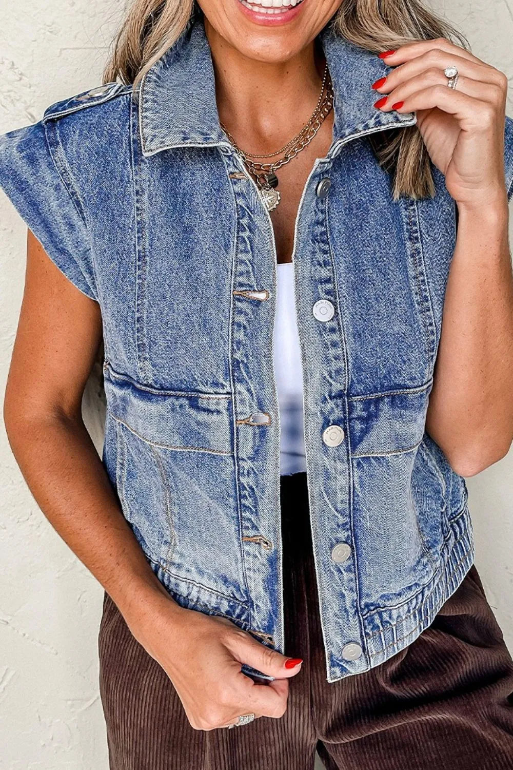 Button Up Cap Sleeve Denim Jacket - Fashorio