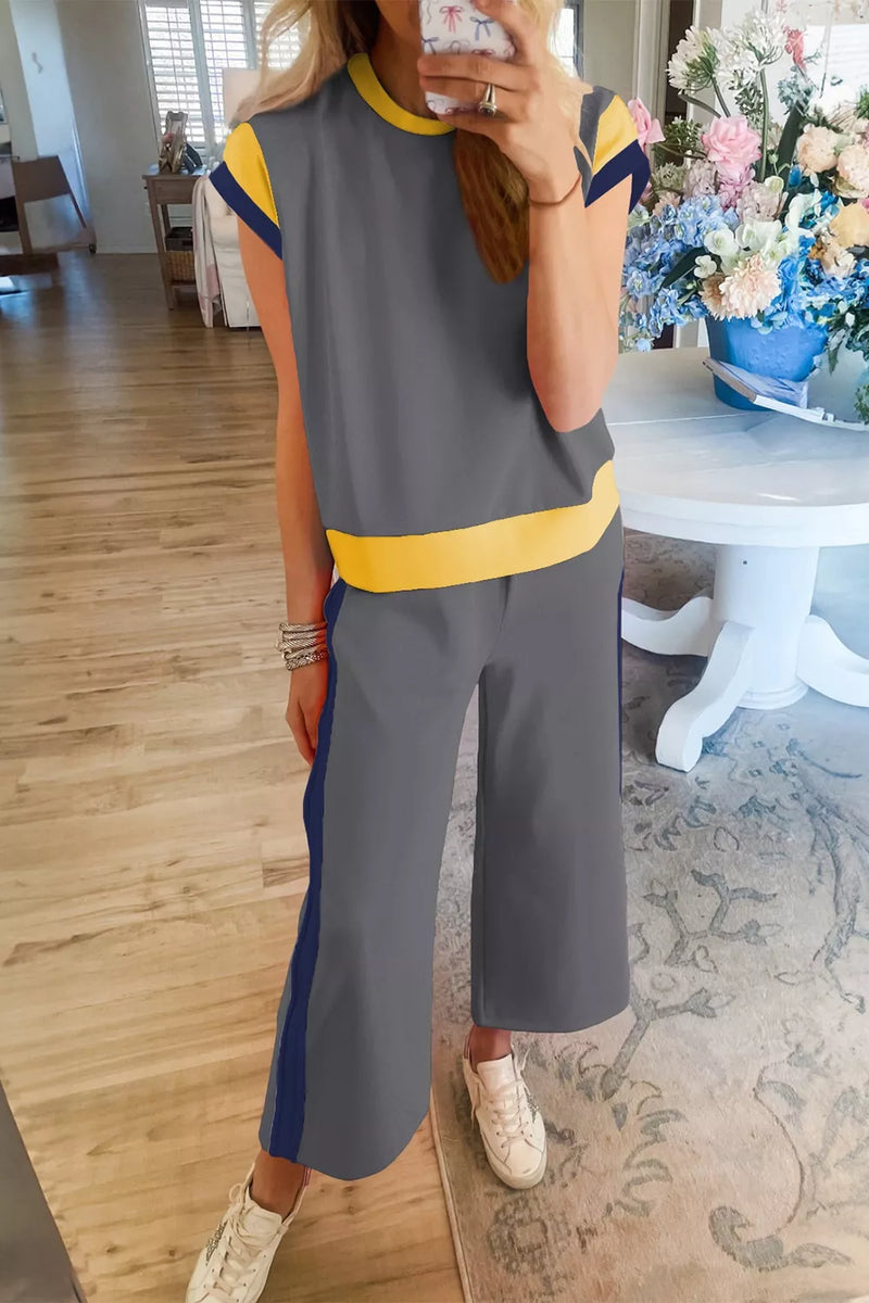 Grey contrast trim top and pants set front view