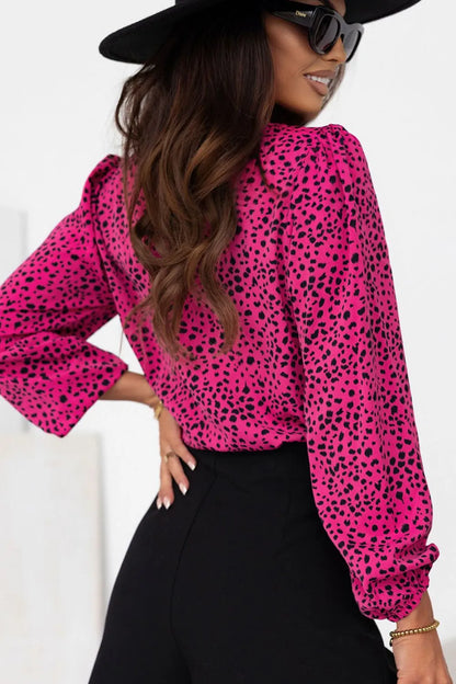 Leopard Round Neck Balloon Sleeve Blouse - Fashorio