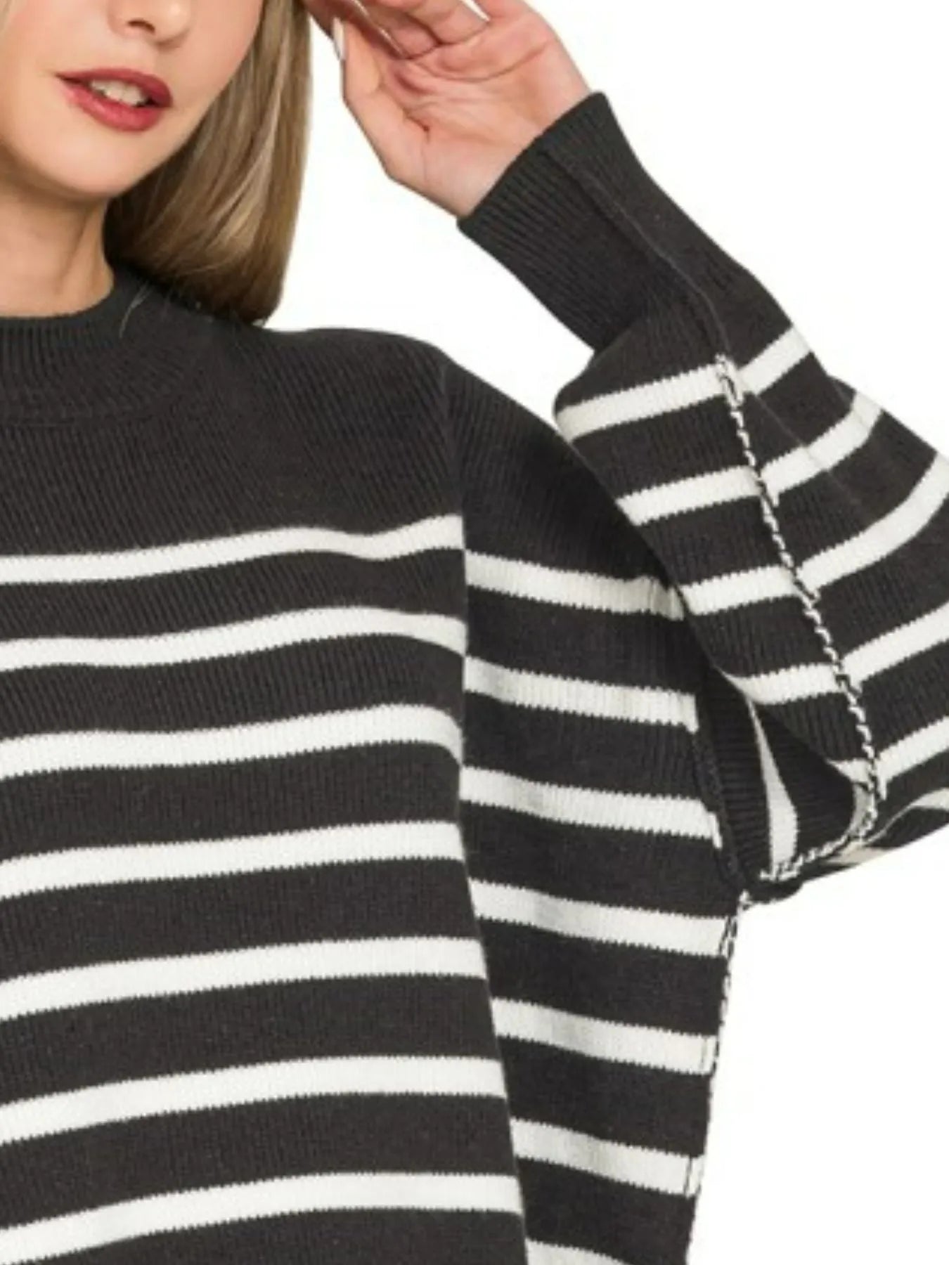 Zenana Exposed Seam Striped Oversized Sweater - Fashorio