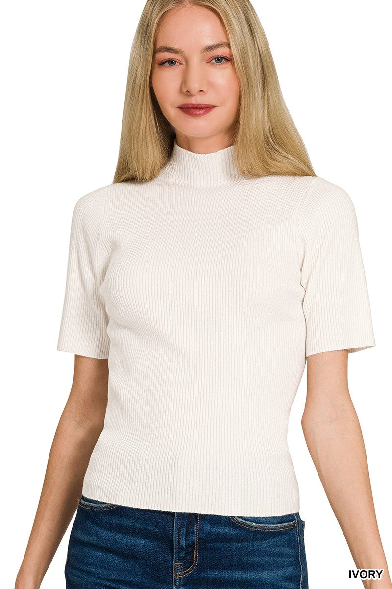 Ivory ribbed mock neck sweater front view