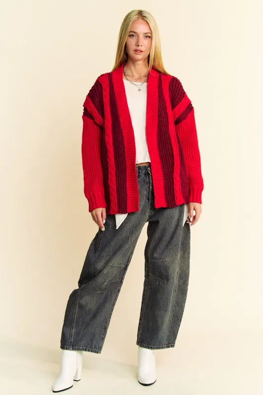 Davi & Dani Cable-Knit Color Block Open Front Cardigan - Fashorio