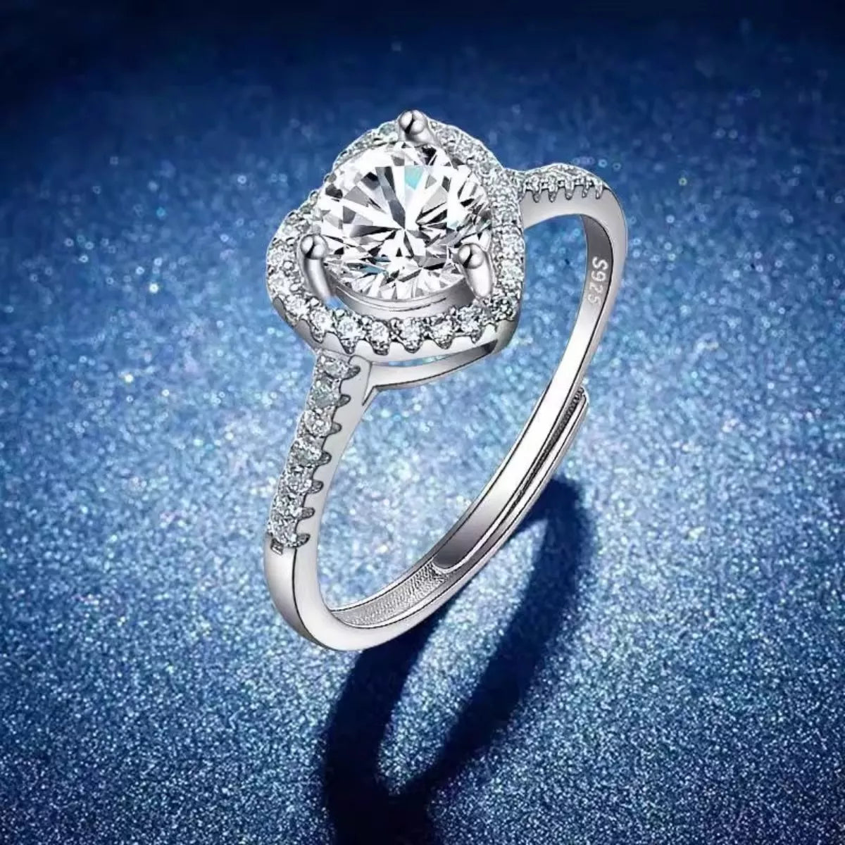 One carat heart moissanite sterling silver ring side view