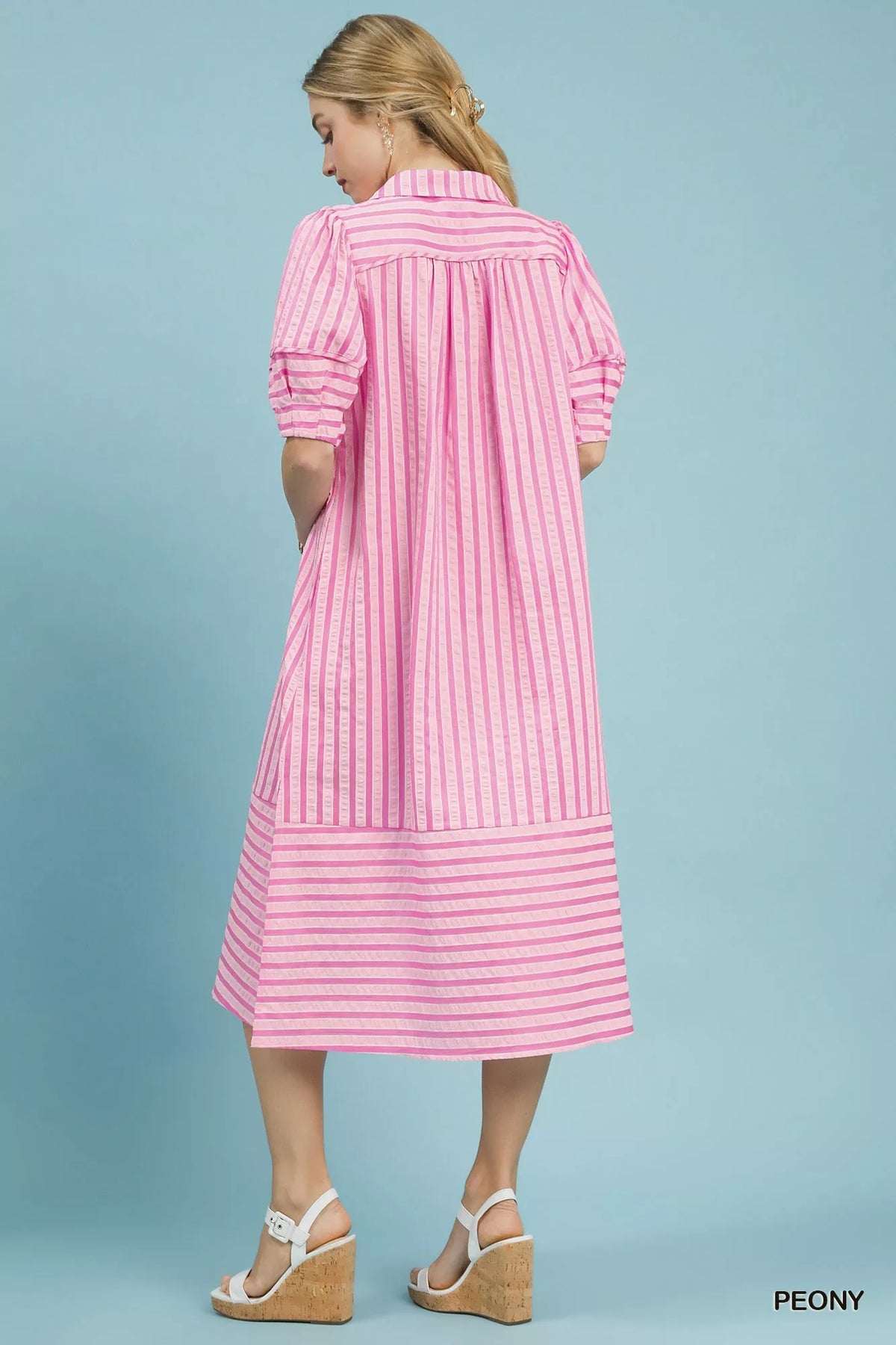 Striped cotton blend midi dress full length view