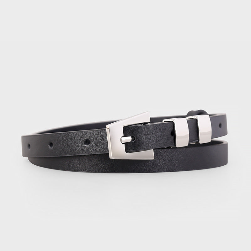 Skinny leather belt with silver buckle front view