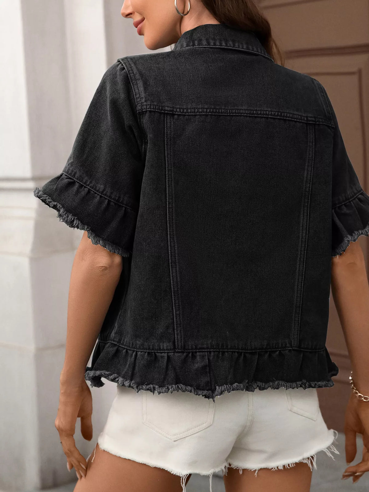 Raw Hem Button Up Denim Jacket in Blue view 7