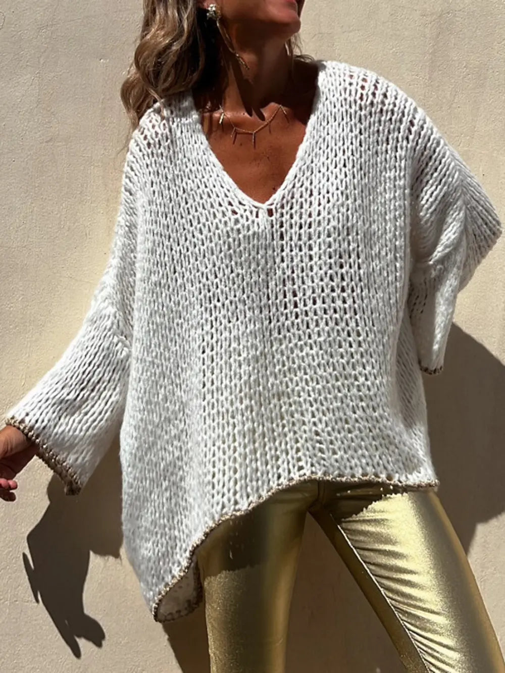 Contrast V-Neck Long Sleeve Sweater - Fashorio