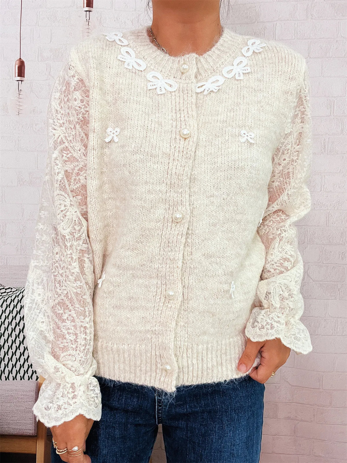 Lace sleeve button up cardigan detail view