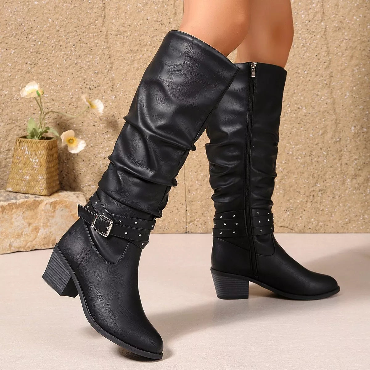 Round toe block heels boots back heel view