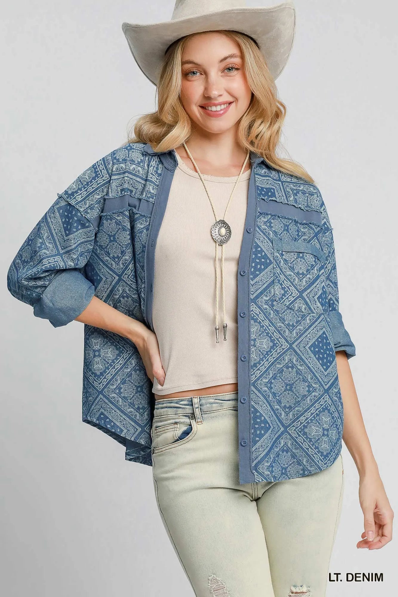 Umgee Paisley Print Denim Shirt Jacket - Fashorio