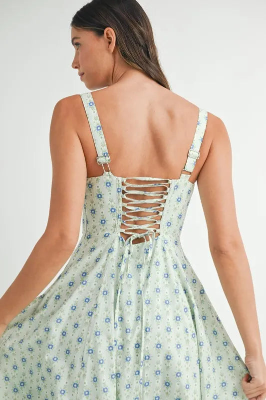 Floral Print Bustier Back Lace Up Midi Dress view 11