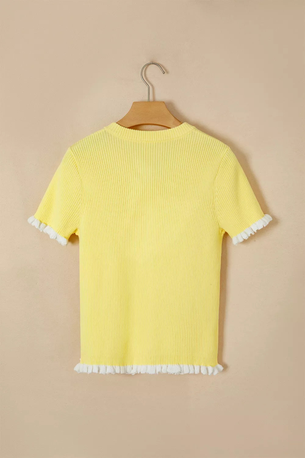 Yellow ribbed frilled cardigan styled look
