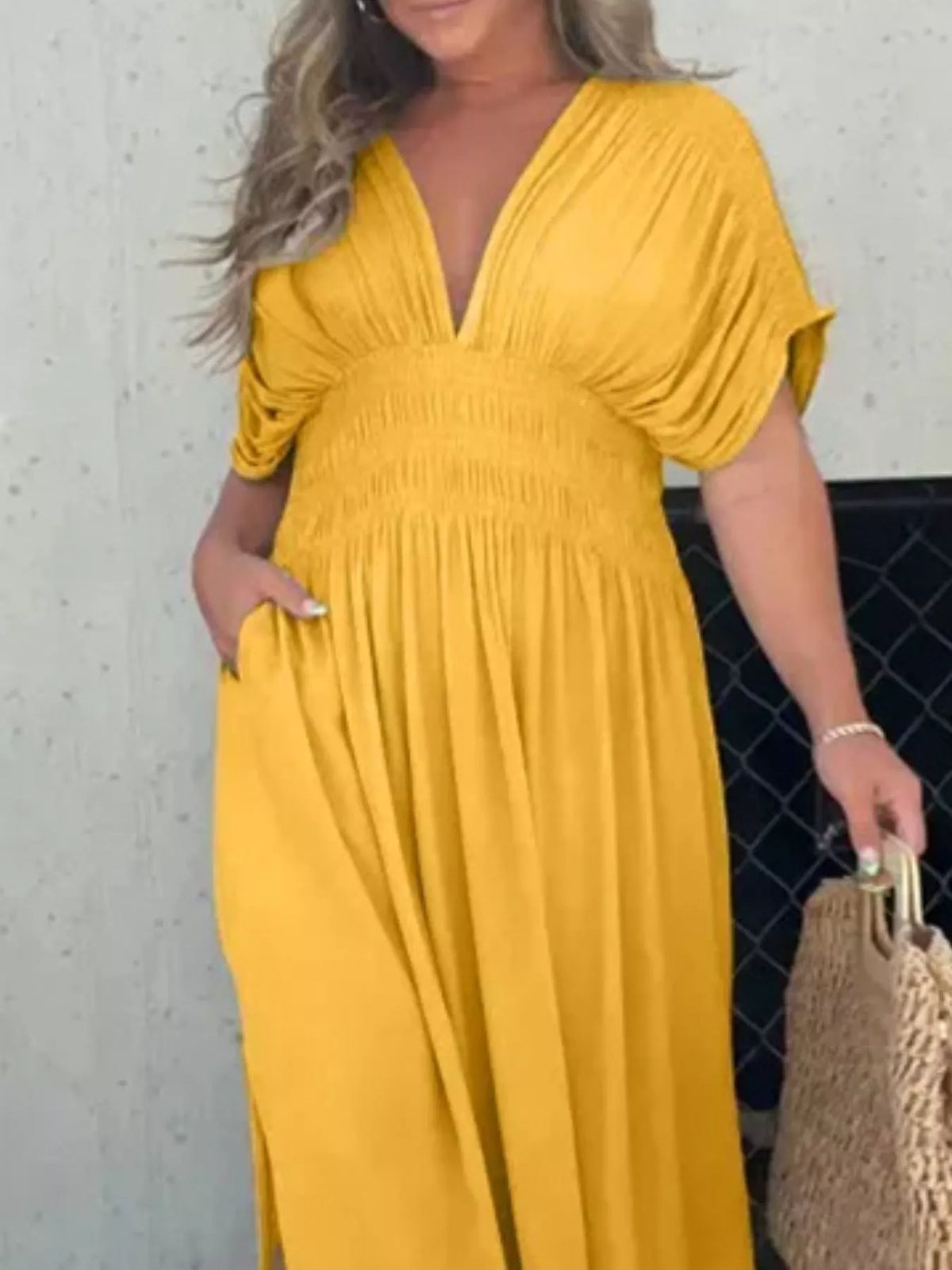 Slit V neck smocked waist maxi dress close up