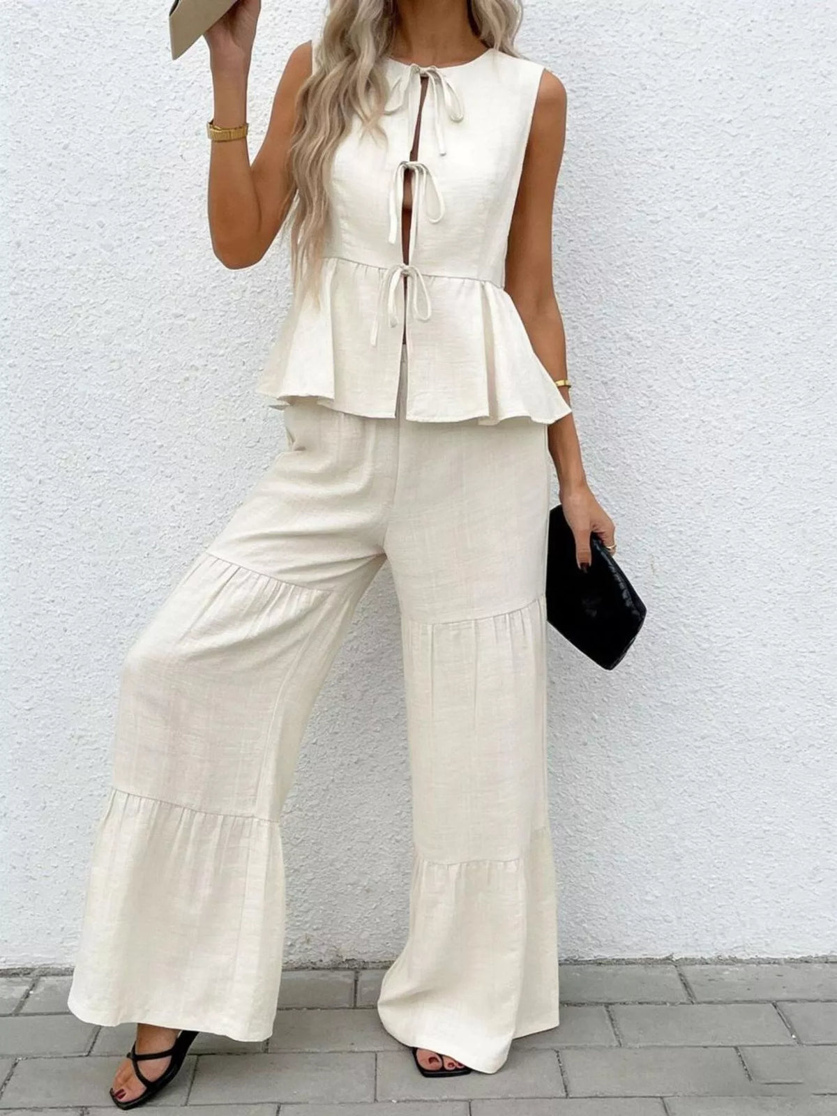 Sleeveless tie front top and wide leg pants two piece set front view