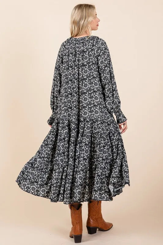 Printed Tie Neck Flounce Sleeve Midi Dress on model