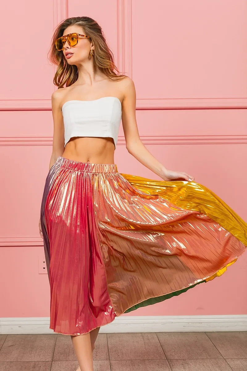 BiBi Metallic Color Block Pleats Midi Skirt - Fashorio