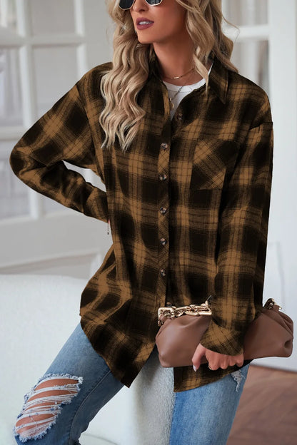 Plaid Button Up Dropped Shoulder Outerwear - Fashorio