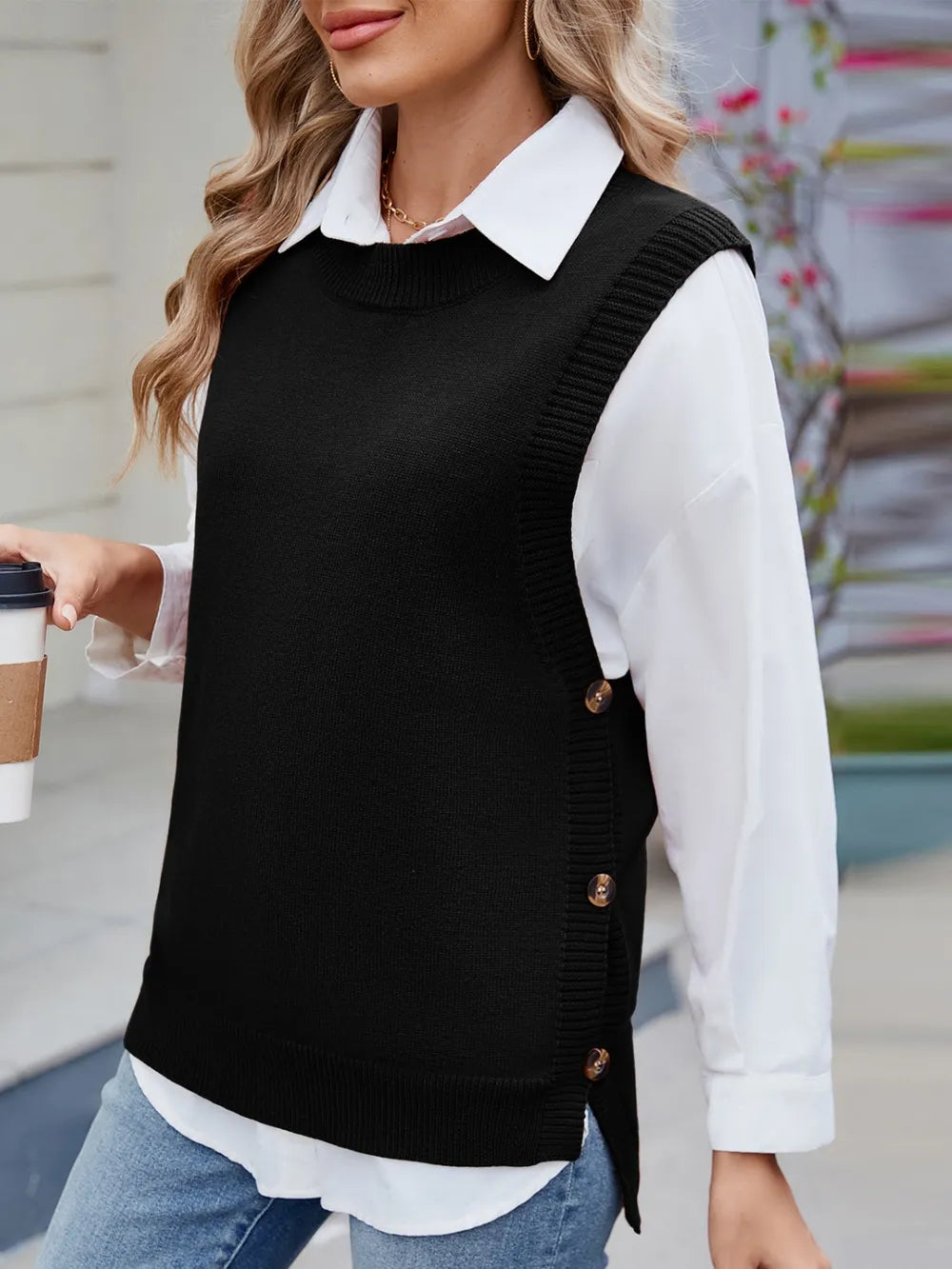 buttoned round neck sweater vest styled look