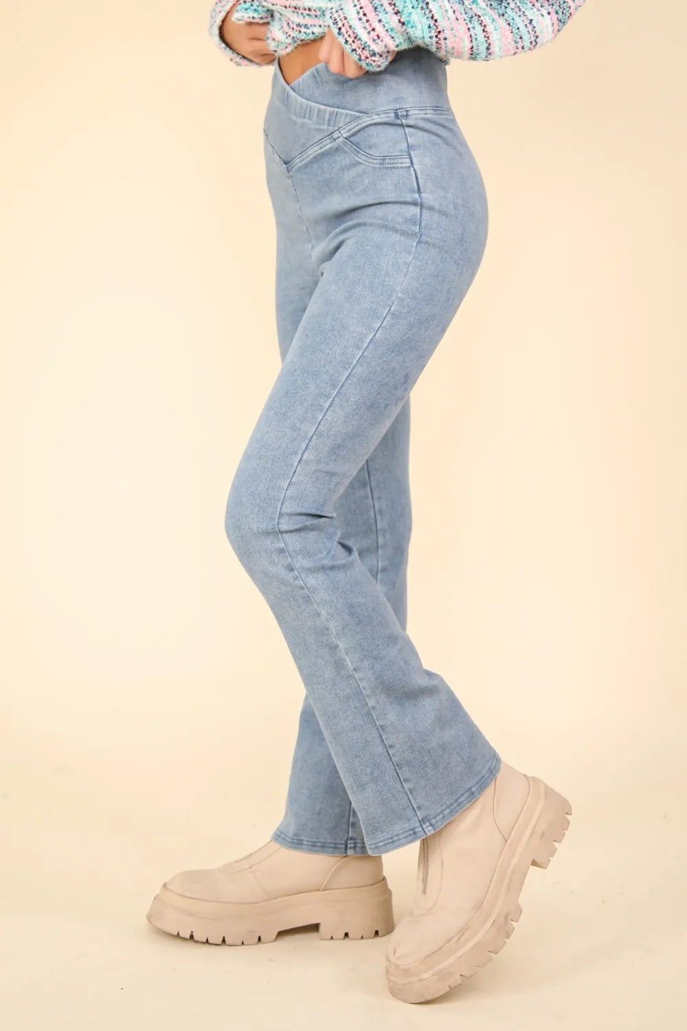 VERY J Washed Denim Stretchy Crossover Waist Leggings - Fashorio