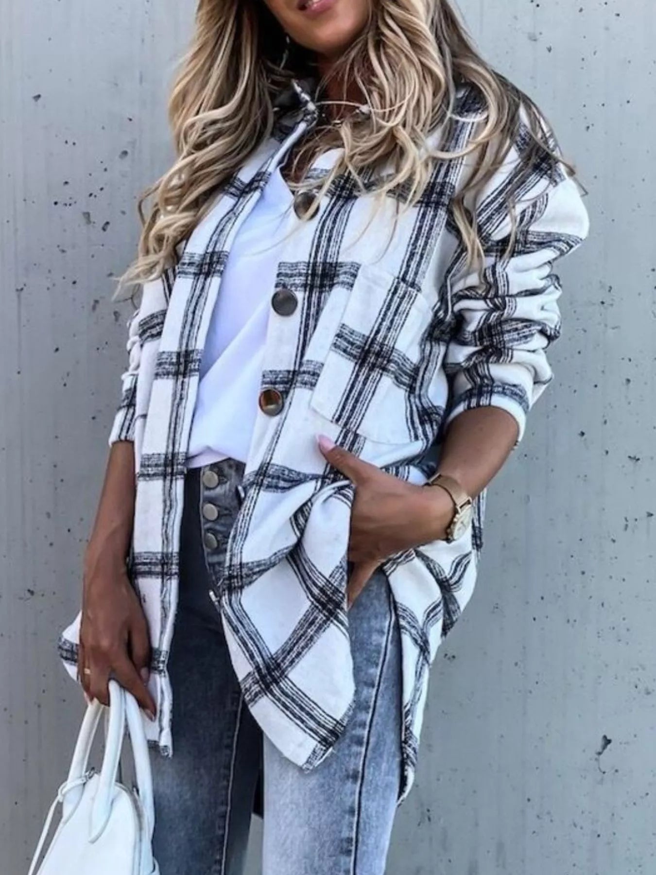 Oversized Plaid Button-Up Longline Shirt - Fashorio